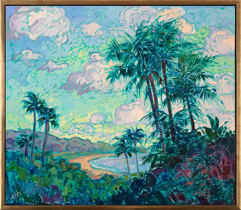 The curving coastline of southern California glitters in the afternoon light, the warm sands of the distant La Jolla beach peeking between the palm tree fronds. The brush strokes are loose and impressionistic, creating a mosaic of color and texture across the canvas.</p><p>"Southern Coast" was created on 1-1/2" canvas, with the painting continued around the edges. The painting arrives framed in a contemporary gold floater frame.