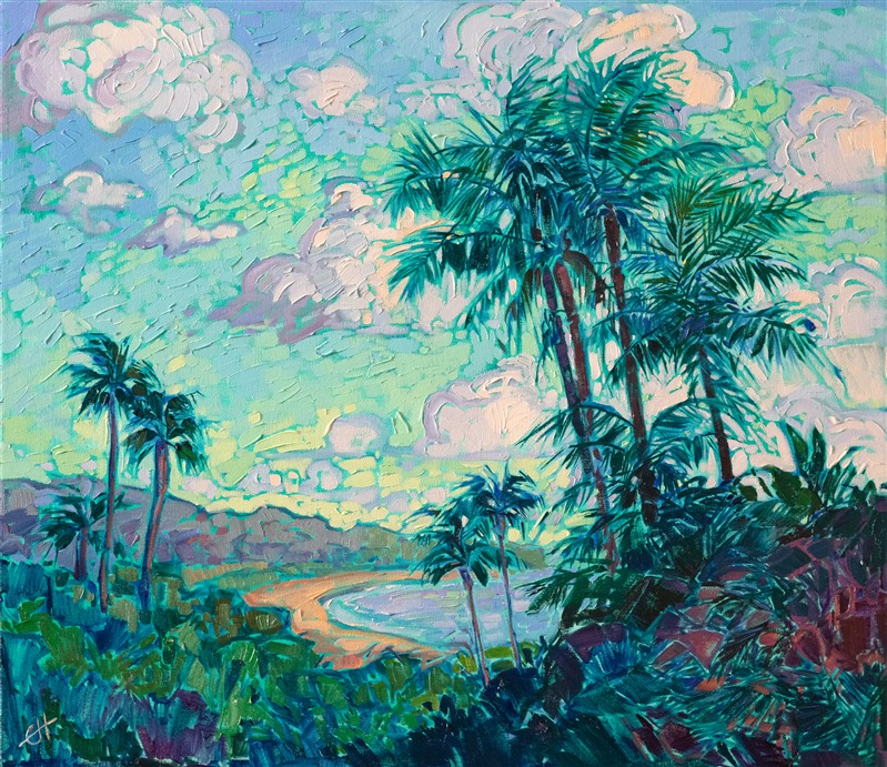 The curving coastline of southern California glitters in the afternoon light, the warm sands of the distant La Jolla beach peeking between the palm tree fronds. The brush strokes are loose and impressionistic, creating a mosaic of color and texture across the canvas.</p><p>"Southern Coast" was created on 1-1/2" canvas, with the painting continued around the edges. The painting arrives framed in a contemporary gold floater frame.