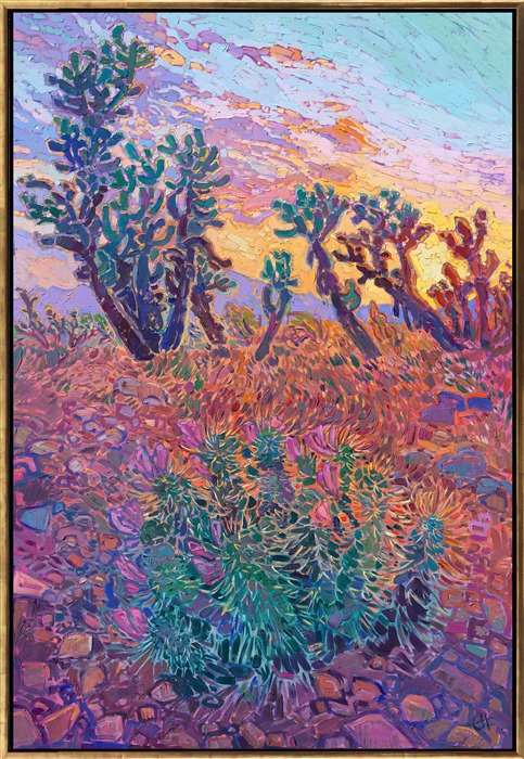 Crouching down (but not too close!) to a group of jumping cholla cacti, I got inspired to paint this brilliant desert sunset seen between the cactus spines. This southwest impressionism painting captures the beautiful colors of Arizona.