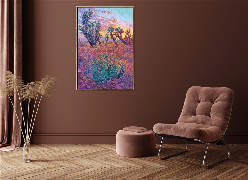 Crouching down (but not too close!) to a group of jumping cholla cacti, I got inspired to paint this brilliant desert sunset seen between the cactus spines. This southwest impressionism painting captures the beautiful colors of Arizona.