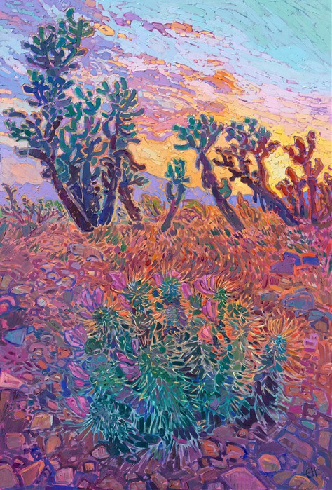 Crouching down (but not too close!) to a group of jumping cholla cacti, I got inspired to paint this brilliant desert sunset seen between the cactus spines. This southwest impressionism painting captures the beautiful colors of Arizona.
