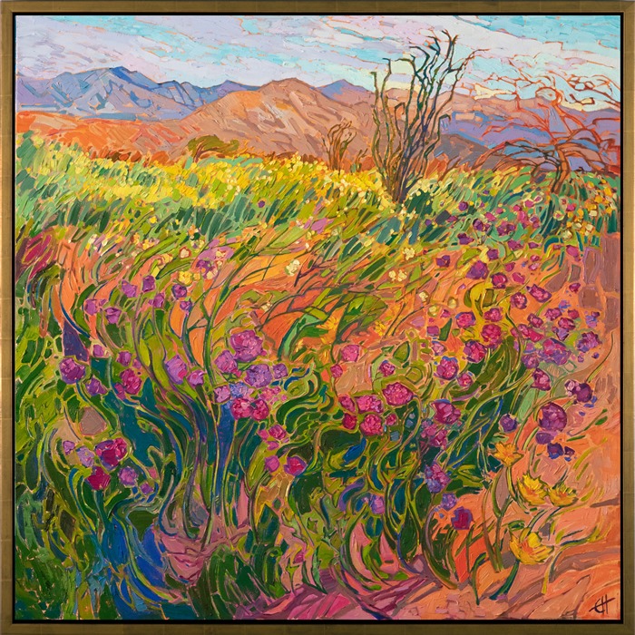 Borrego Springs is famous for its wildflowers in the spring. Some years, with the right amount of rain after a long drought, the wildflowers are even more abundant, and we call it a Super Bloom. This painting captures a recent Super Bloom, with all the luscious color and beauty of the California desert.</p><p>"Super Bloom" was created on 1-1/2" stretched canvas, with the edges of the canvas painted. The piece arrives framed in a contemporary gold floater frame, ready to hang.