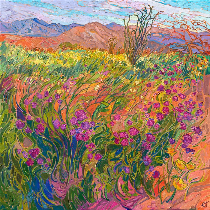 Borrego Springs is famous for its wildflowers in the spring. Some years, with the right amount of rain after a long drought, the wildflowers are even more abundant, and we call it a Super Bloom. This painting captures a recent Super Bloom, with all the luscious color and beauty of the California desert.</p><p>"Super Bloom" was created on 1-1/2" stretched canvas, with the edges of the canvas painted. The piece arrives framed in a contemporary gold floater frame, ready to hang.