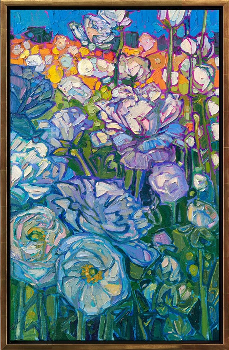 This oil painting captures the colors of spring with thick, impressionistic brush strokes. The layers of contrasting blooms create a sense of movement and excitement within the piece. Erin Hanson's modern style of painting is called Open Impressionism, and it involves placing brush strokes side-by-side, without layering. The effect is a stained-glass or mosaic look to her oil paintings.