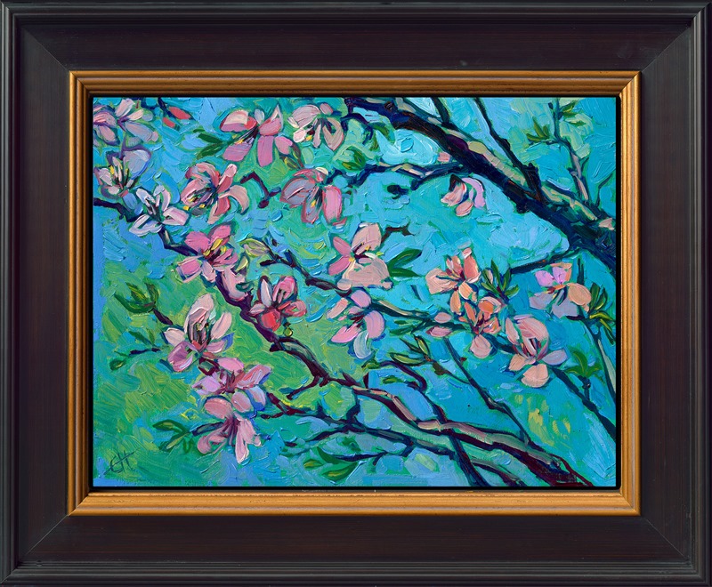 Petite blooms of a Japanese cherry tree radiate with color against a turquoise sky. Thick brush strokes of oil paint capture the transient beauty of sakura season in Japan.