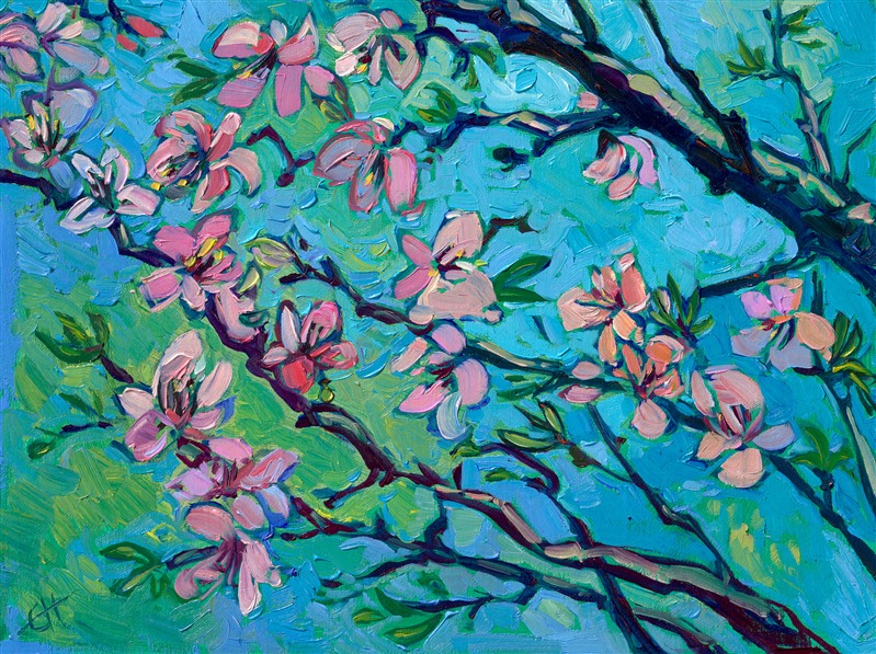 Petite blooms of a Japanese cherry tree radiate with color against a turquoise sky. Thick brush strokes of oil paint capture the transient beauty of sakura season in Japan.