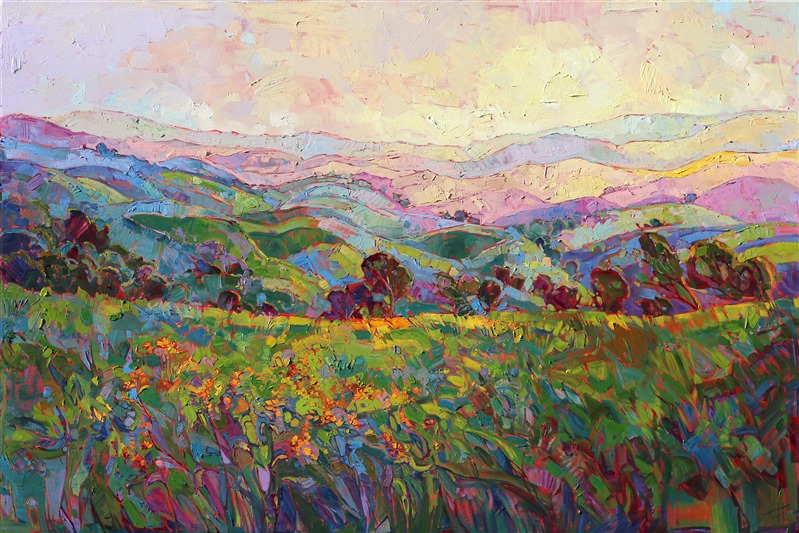 Mosaic light covered these rolling hills of Paso Robles, in central California. This painting was inspired by a horseback riding trip through the hills in eastern Paso Robles. At the peak, I could see layers upon layers of hills stretching on all sides into the distance. The setting sun cast brilliant hues of color through the moisture-rich atmosphere, making each layer of hills a different shade.</p><p>This painting was an Artavita first place contest winner and was featured in the World Wide Art Los Angeles convention in 2014.