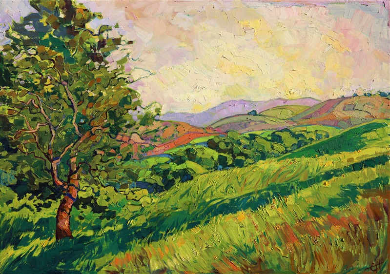 Paso Robles in the spring is a treat for the senses. All the golden hills turn bright apple green, stretching as far as the eye can see, layer upon layer of changing greens. Thick brush strokes carve grassy texture out of the canvas, creating a beautiful mosaic interplay of color and light within the painting.