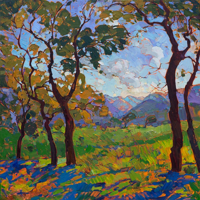 Colors of California wine country come alive in this modern impressionist oil painting.  The brush strokes create vivid contrasts and motion within the landscape, capturing the eye and transporting you to another world.