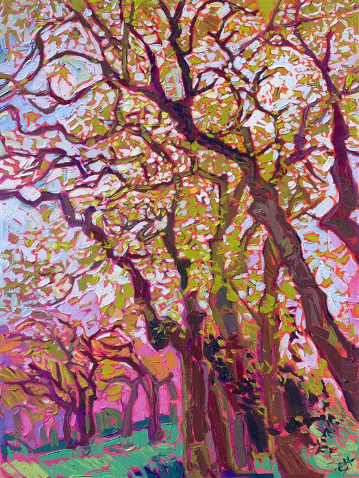I went to Kyoto, Japan, to photograph the cherry blossoms this spring, and I saw many Japanese maple trees with brand new, bright green leaves just beginning to emerge. The miniature, star-shaped leaves were like a delicate veil of filigree overhead, held up by graceful branches. This abstract impressionist painting captures the beauty of the Japanese maple tree in the springtime. 