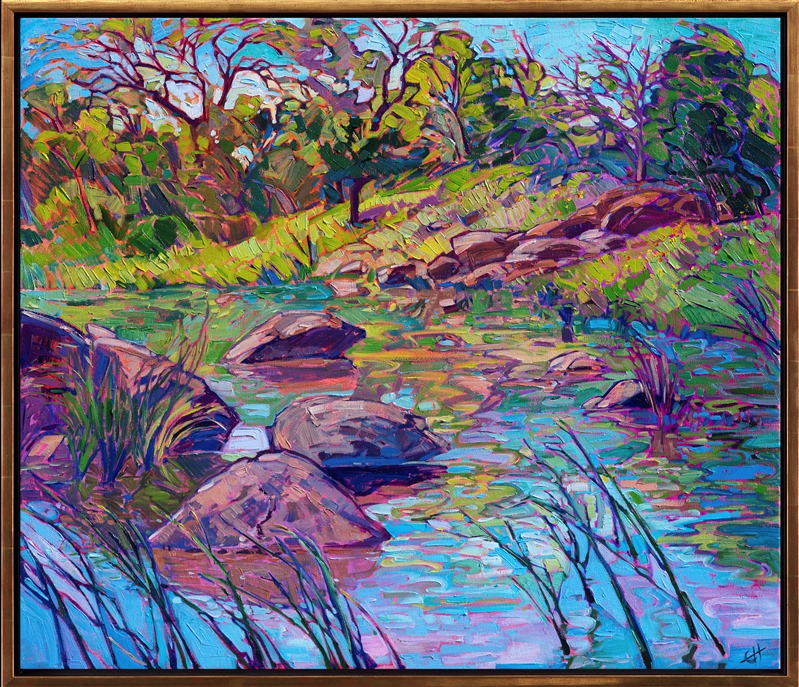 This painting was inspired by a morning spring drive to Enchanted Rock, in Texas hill country. The peaceful spring colors of green and blue swirl together in the still waters of the lake. The impressionistic brush strokes capture the feeling of being outside in the quiet dawn.</p><p>"Spring Reflections" was created on 1-1/2" deep canvas, with the painting continued around the sides of the canvas. The piece has been framed in a custom gold floater frame.