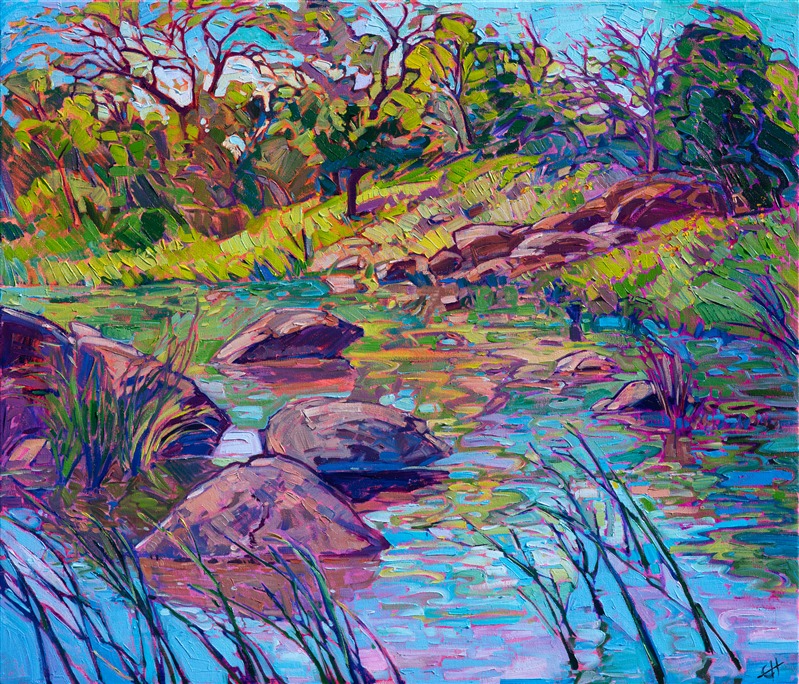 This painting was inspired by a morning spring drive to Enchanted Rock, in Texas hill country. The peaceful spring colors of green and blue swirl together in the still waters of the lake. The impressionistic brush strokes capture the feeling of being outside in the quiet dawn.

"Spring Reflections" was created on 1-1/2" deep canvas, with the painting continued around the sides of the canvas. The piece has been framed in a custom gold floater frame.