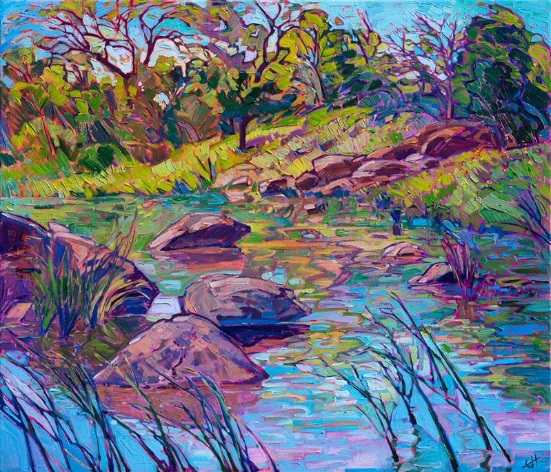 This painting was inspired by a morning spring drive to Enchanted Rock, in Texas hill country. The peaceful spring colors of green and blue swirl together in the still waters of the lake. The impressionistic brush strokes capture the feeling of being outside in the quiet dawn.</p><p>"Spring Reflections" was created on 1-1/2" deep canvas, with the painting continued around the sides of the canvas. The piece has been framed in a custom gold floater frame.