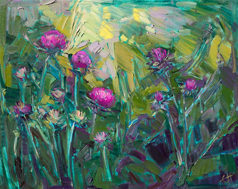 Spring time thistles push their way through the grasses in this expressionist oil painting.  The thickly applied brush strokes are full of vivid color.  Each stoke adds to the energy and motion of the overall painting.</p><p>This painting was created on 3/4" stretched canvas. It has been framed in classic plein air frame and arrives ready to hang.