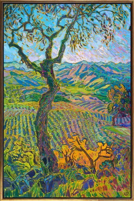 Spring green hills catch the early morning light in this painting of California wine country. Thick brush strokes and expressive color capture the vibrant beauty of spring. The negative space behind the trees adds a crystalline light to the landscape.</p><p><b>Please note</b>: This painting will be hanging in a museum exhibition until November 5th, 2023. This piece is included in the show Erin Hanson: Color on the Vine at the Bone Creek Museum of Agrarian Art in Nebraska. You may purchase the painting now, but you will not receive the painting until after the show ends in November 2023.</p><p>"Spring Vines" is an original oil painting on stretched canvas. The piece arrives framed in a gold floater frame finished in 23kt, burnished gold leaf. 