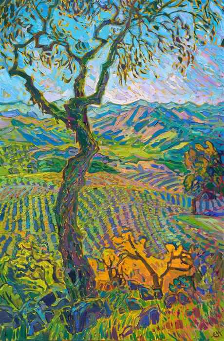 Spring green hills catch the early morning light in this painting of California wine country. Thick brush strokes and expressive color capture the vibrant beauty of spring. The negative space behind the trees adds a crystalline light to the landscape.</p><p><b>Please note</b>: This painting will be hanging in a museum exhibition until November 5th, 2023. This piece is included in the show Erin Hanson: Color on the Vine at the Bone Creek Museum of Agrarian Art in Nebraska. You may purchase the painting now, but you will not receive the painting until after the show ends in November 2023.</p><p>"Spring Vines" is an original oil painting on stretched canvas. The piece arrives framed in a gold floater frame finished in 23kt, burnished gold leaf. 