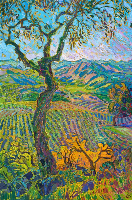 Spring green hills catch the early morning light in this painting of California wine country. Thick brush strokes and expressive color capture the vibrant beauty of spring. The negative space behind the trees adds a crystalline light to the landscape.

<b>Please note</b>: This painting will be hanging in a museum exhibition until November 5th, 2023. This piece is included in the show Erin Hanson: Color on the Vine at the Bone Creek Museum of Agrarian Art in Nebraska. You may purchase the painting now, but you will not receive the painting until after the show ends in November 2023.

"Spring Vines" is an original oil painting on stretched canvas. The piece arrives framed in a gold floater frame finished in 23kt, burnished gold leaf. 
