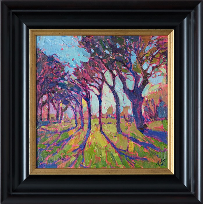 This petite oil painting is full of drama and color, the composition focusing on the long shadows of the clustered oak trees.  The mosaic, impasto style of painting creates a stained glass effect on the canvas.</p><p>This painting was done on 3/4"-deep stretched canvas.  It has been framed in a classic plein air frame and arrives wired and ready to hang.