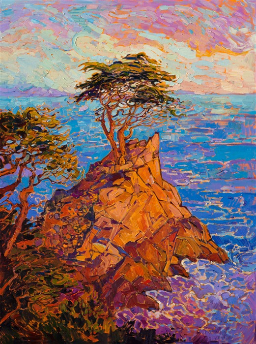 Lone Cypress stands on a rocky outcropping on the 17-mile drive in Pebble Beach, California.  The brush strokes in this painting are loose and impressionistic, communicating the movement and fresh air of the outdoors. Lone Cypress draws me to paint it again and again, I love the unique shape of the wind-sculpted branches against the rich colors of the ocean.</p><p>This painting was created on 1-1/2"-deep canvas, with the painting continued around the edges.  It has been framed in a gold leaf floater frame, and it arrives wired and ready to hang.