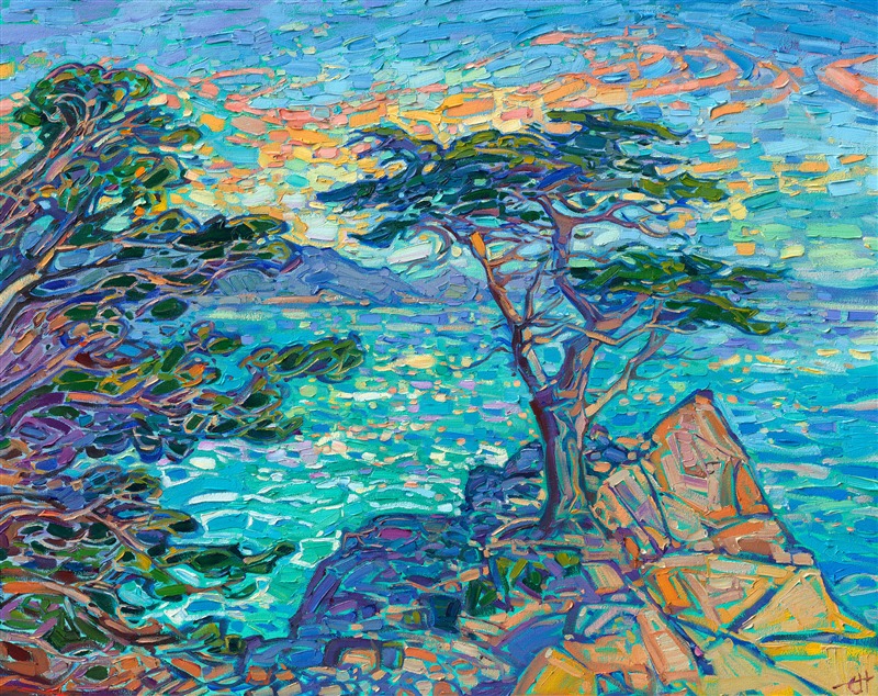 Sunset hues of copper and bronze gleam on the coastal rocks near Carmel, California. A lone cypress stands tall against the coastal winds, silhouetted against a sunset sky. The impressionistic brush strokes in this painting are thick and lively, capturing the transient light of the scene.</p><p>"Standing Cypress" is an original oil painting created on stretched canvas. The piece arrives framed in a burnished silver floater frame, ready to hang.