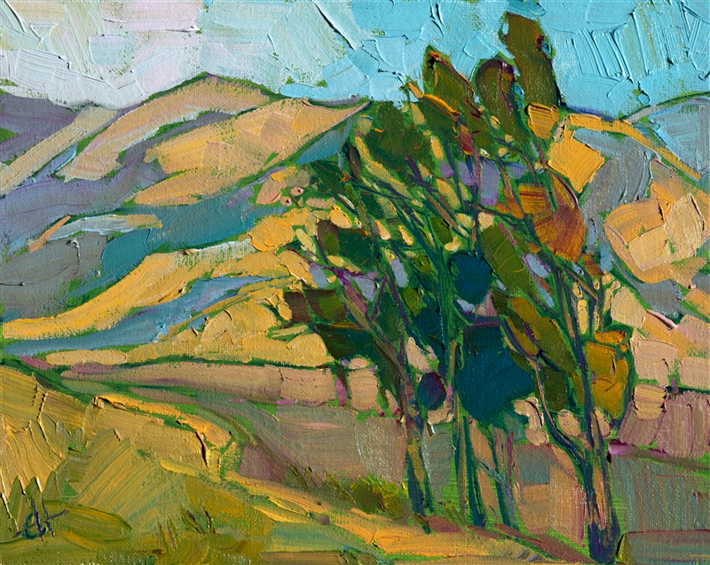 A grove of eucalyptus trees stands tall before the distant summer-hued hillsides.  Each brush stroke in this painting is free and expressive, a spontaneous stroke of motion and color.</p><p>This small oil painting arrives framed and ready to hang. The second photograph above shows the painting hanging in gallery spot lighting.