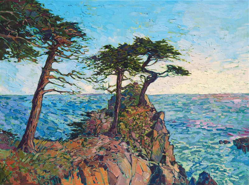 I never tire of painting the wind-sculpted cypress trees of Pebble Beach.  Their unique, curving branches are a joy to capture with my brush, and I feel transported into an idyllic universe every time I paint the Monterey Peninsula.  The aqua-colored waters of the Pacific are the perfect tranquil backdrop to the grove of cypress tress.</p><p>This painting was created on 1-1/2" canvas, with the painting continued around the edges.  The piece arrives framed and ready to hang.