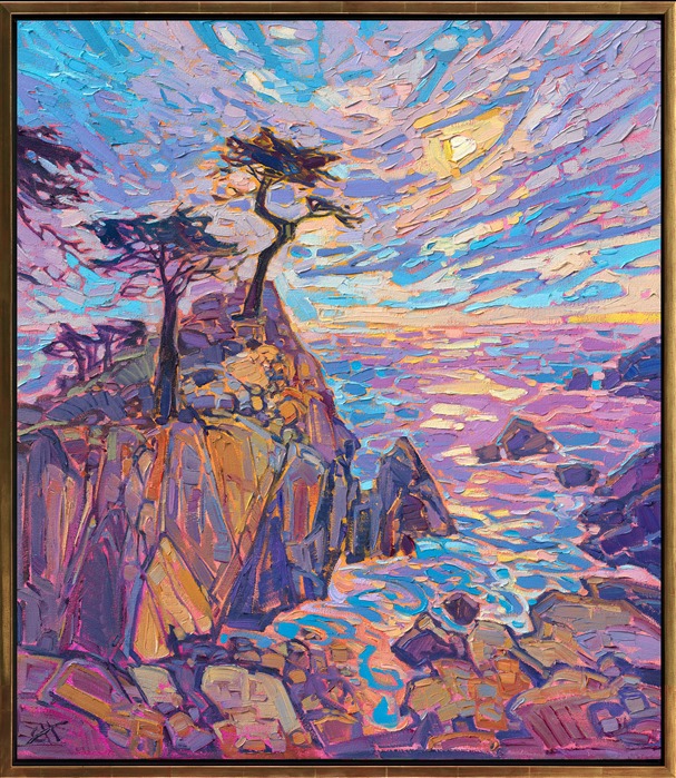 Warm colors of caramel and butter pecan drench the landscape in this sunset oil painting of Lone Cypress, on Seventeen Mile Drive in Pebble Beach. The thick, expressive brush strokes draw you into the painting, capturing the movement of light and air.</p><p>"Stoney Sunset" is an original oil painting on 1-1/2" canvas. The piece arrives framed in a custom-made floater frame finished in burnished, 23kt gold leaf.<br/>