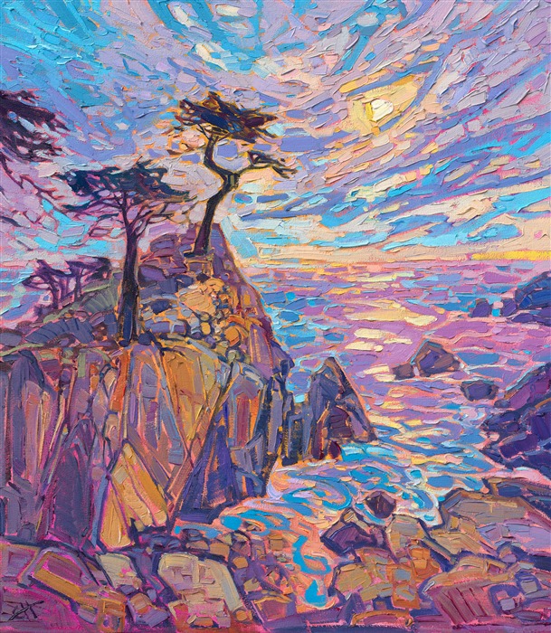 Warm colors of caramel and butter pecan drench the landscape in this sunset oil painting of Lone Cypress, on Seventeen Mile Drive in Pebble Beach. The thick, expressive brush strokes draw you into the painting, capturing the movement of light and air.</p><p>"Stoney Sunset" is an original oil painting on 1-1/2" canvas. The piece arrives framed in a custom-made floater frame finished in burnished, 23kt gold leaf.<br/>