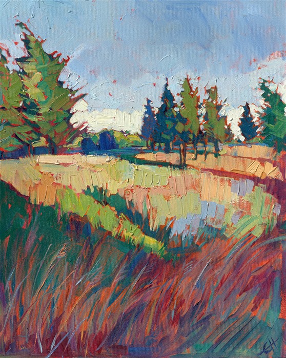 Streaks of color dart through this meadow in central Oregon, the pines catching and reflecting the atmospheric color. Vivid, impasto brush strokes draw you into the painting. Ten years after painting this work, I still remember exactly where I was standing and how I felt when I got the inspiration for this painting. It was my first time in the Oregon wilderness near Tillamook, and I was continually amazed at how green everything was. This painting was inspired by the golden hour near sunset, when long shadows streaked across the Oregon-green grass, and the pine trees lit up like magic in the golden light.