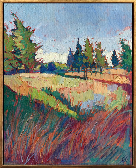 Streaks of color dart through this meadow in central Oregon, the pines catching and reflecting the atmospheric color. Vivid, impasto brush strokes draw you into the painting. Ten years after painting this work, I still remember exactly where I was standing and how I felt when I got the inspiration for this painting. It was my first time in the Oregon wilderness near Tillamook, and I was continually amazed at how green everything was. This painting was inspired by the golden hour near sunset, when long shadows streaked across the Oregon-green grass, and the pine trees lit up like magic in the golden light.