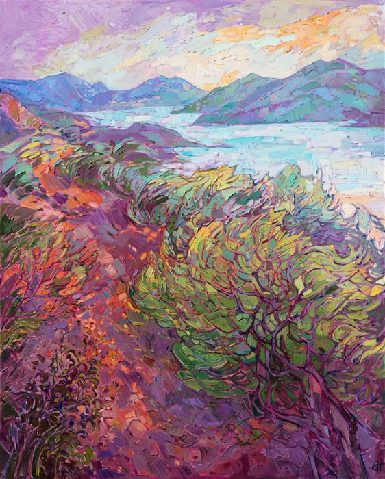 This painting captures coastal waters near Morro Bay, California.  I was drawn to the contrast and patterns of the bushes overlooking the serenity of the reservoir.</p><p>This painting has been framed in a hand-gilded, carved floater frame that was designed to complement the colors in this painting.  It will arrived wired and ready to hang.</p><p>