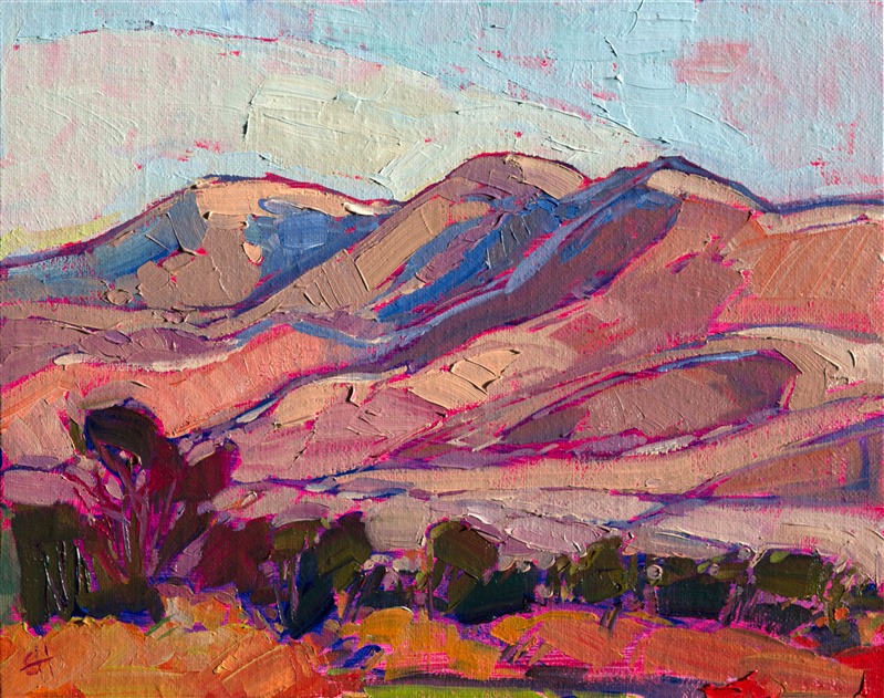 Summer hills of central California gleam with sunset color in this small impressionist oil painting.  The brush strokes are loose and expressive, full of spontaneity. </p><p>This small oil painting arrives framed and ready to hang.