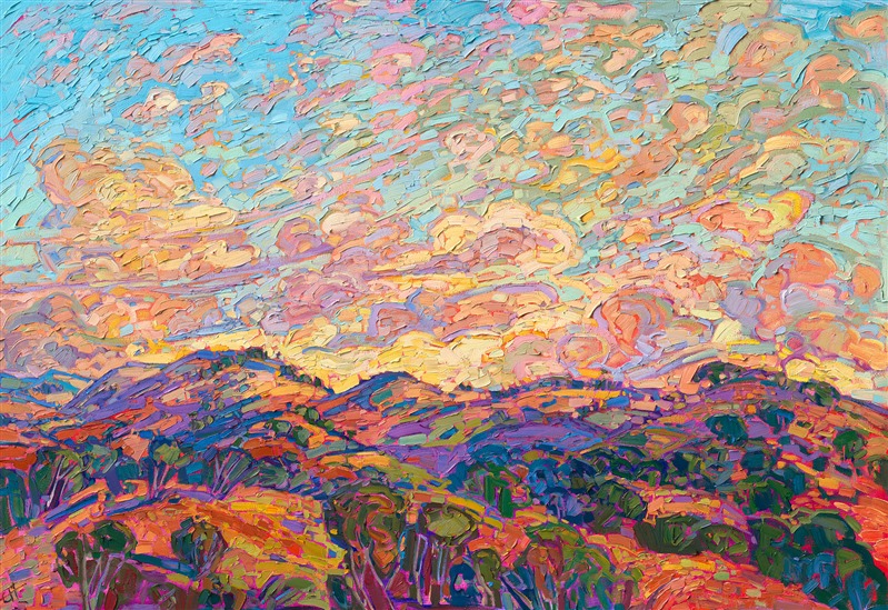 Standing on the high hill of Adelaida Winery, you can see the whole landscape of Paso Robles spreading out below you, rolling hills layered upon rolling hills, stretching all the way to the coastal range. This painting captures the wide vista with thick, impressionistic brush strokes and lively spots of color.

