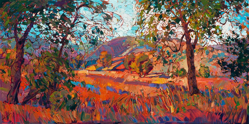 Fine summer oaks drenched in color frame this idyllic peek into the countryside of Paso Robles.  California's wine country is lush with warm golden tones in the summer, the hills fading to purple and blue in the distance.  This painting captures the vibrancy of the outdoors with fresh, lively brush strokes and expressive texture.