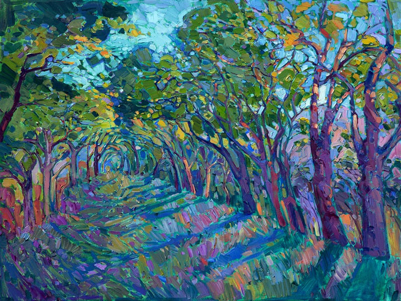 Summer green oaks line this inviting path, their overhanging branches creating a beautiful arbor of changing light and shadow overhead.  The late afternoon light filters through the leaves, forming abstract mosaics of color.  The brush strokes are thick and impressionistic, full of life of movement.</p><p>This painting was done on 1-1/2" deep canvas.  It has been framed in a gold floater frame.