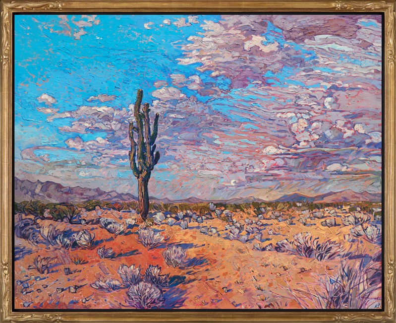 Waves of summer light splash over this Western landscape, the distant buttes changing color under the moving clouds.  The tumbleweeds are starkly white against the warm desert sands, creating interesting patterns across the ground.  A stately saguaro stands erect among the desert scrub.</p><p>This painting was done on 1-1/2" canvas, with the painting continued around the edges.  The brushstrokes are loose and impressionistic.  The piece has been framed in a carved floater frame.</p><p>This painting is a part of Erin Hanson's <a href="https://www.erinhanson.com/Event/redrock2018" target=_blank"><i>The Red Rock Show</i></a> at The Erin Hanson Gallery.  <a href="https://www.erinhanson.com/Portfolio?col=The_Red_Rock_Show_2018" target="_blank"><u>Click here</u></a> to view the other Red Rock paintings.