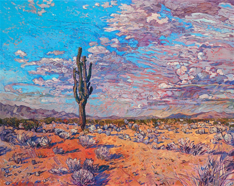 Waves of summer light splash over this Western landscape, the distant buttes changing color under the moving clouds.  The tumbleweeds are starkly white against the warm desert sands, creating interesting patterns across the ground.  A stately saguaro stands erect among the desert scrub.</p><p>This painting was done on 1-1/2" canvas, with the painting continued around the edges.  The brushstrokes are loose and impressionistic.  The piece has been framed in a carved floater frame.</p><p>This painting is a part of Erin Hanson's <a href="https://www.erinhanson.com/Event/redrock2018" target=_blank"><i>The Red Rock Show</i></a> at The Erin Hanson Gallery.  <a href="https://www.erinhanson.com/Portfolio?col=The_Red_Rock_Show_2018" target="_blank"><u>Click here</u></a> to view the other Red Rock paintings.