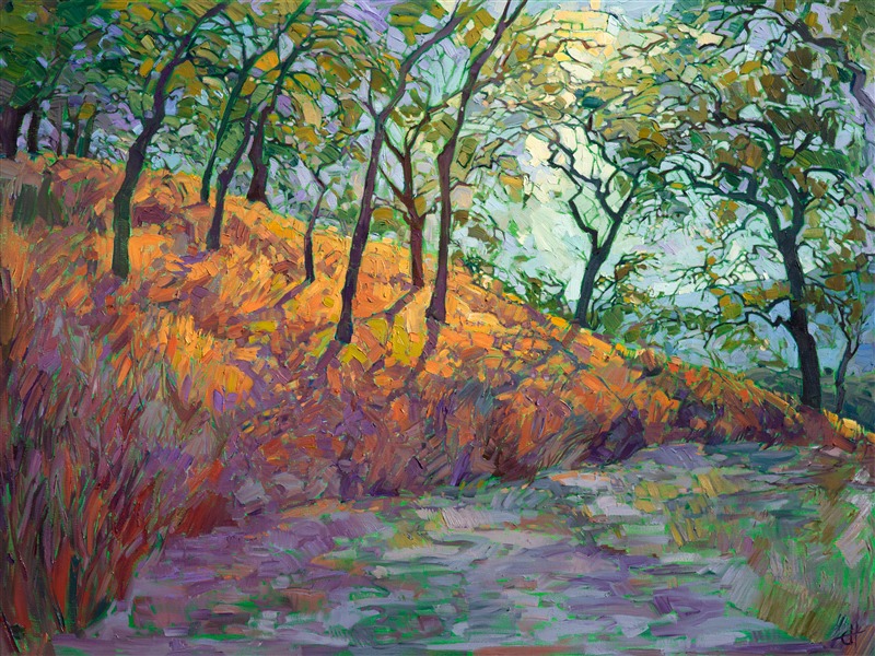 Summer shadows curve over this dusky golden hillside of summer. The cool green undertones of the canvas make the painting glow with a subtle light, while the thickly applied, painterly brush strokes are evocative of a Van Gogh expressionist landscape painting.  </p><p>Hanson's modern blend of impressionism, plein aire technique, and expressionism have been heralded as a new style: Open Impressionism. These stylized and abstract landscapes blend the painterly effects of distinct brush strokes with a clean-cut, mosaic tile effect of laying brush strokes side-by-side without layering.  Hanson uses large piles of oil paint, without any additives or gels, and uses only a brush to build up the heavy texture seen in her paintings.</p><p>This painting was created on gallery-depth canvas, with the painting continued around the edges. This painting may be hung without being framed, as the sides are painted as a continuation of the piece.  </p><p>Collection of The Allegretto Vineyard Resort, Paso Robles, CA. 2015.