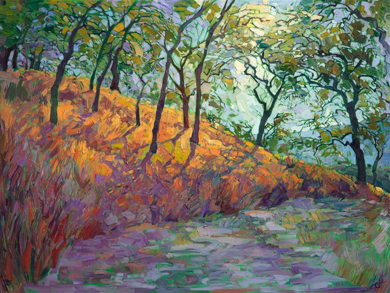 Summer shadows curve over this dusky golden hillside of summer. The cool green undertones of the canvas make the painting glow with a subtle light, while the thickly applied, painterly brush strokes are evocative of a Van Gogh expressionist landscape painting.  

Hanson's modern blend of impressionism, plein aire technique, and expressionism have been heralded as a new style: Open Impressionism. These stylized and abstract landscapes blend the painterly effects of distinct brush strokes with a clean-cut, mosaic tile effect of laying brush strokes side-by-side without layering.  Hanson uses large piles of oil paint, without any additives or gels, and uses only a brush to build up the heavy texture seen in her paintings.

This painting was created on gallery-depth canvas, with the painting continued around the edges. This painting may be hung without being framed, as the sides are painted as a continuation of the piece.  

Collection of The Allegretto Vineyard Resort, Paso Robles, CA. 2015.