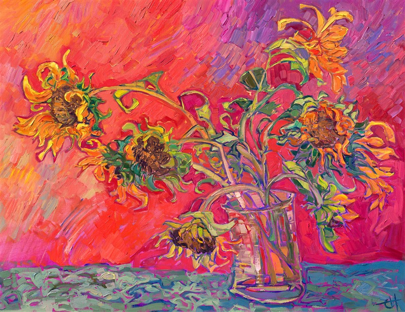 A vase of summer sunflowers stands against a red background. The large heads of the sunflowers are framed with drying yellow petals and curling green leaves. The brush strokes in this impressionist painting are thick and expressive, alive with color and movement.</p><p>"Summer Sunflowers" is an original oil painting created on gallery-depth, stretched canvas. The painting arrives framed in a closed-corner, gilded floater frame.