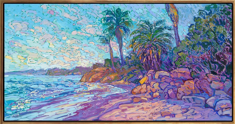 The Summerland coast near Santa Barbara and Montecito has summer-blue waters, white sand beaches, and iconic palm trees. The cream-colored boulders lining the coast reflect the colors of early dawn. This painting of Santa Barbara captures the delicate beauty of the landscape.
