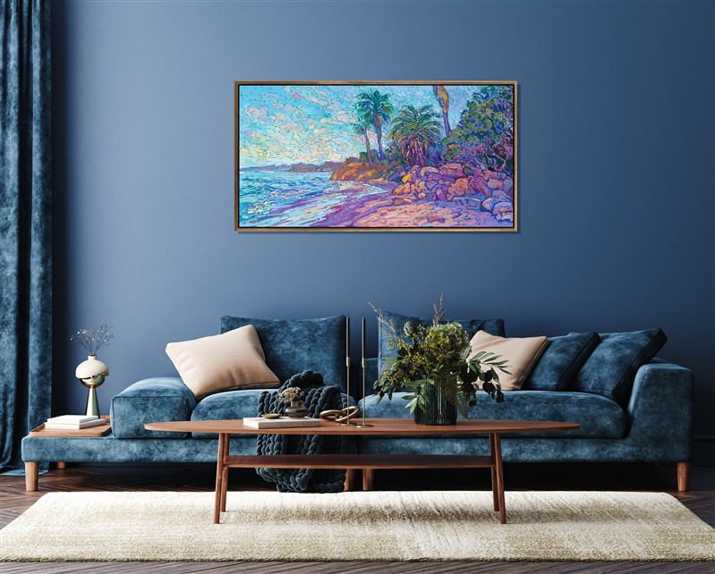 The Summerland coast near Santa Barbara and Montecito has summer-blue waters, white sand beaches, and iconic palm trees. The cream-colored boulders lining the coast reflect the colors of early dawn. This painting of Santa Barbara captures the delicate beauty of the landscape.
