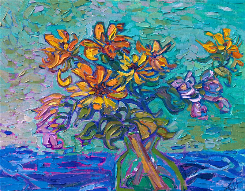 A colorful vase of flowers catches the light and glows with warmth and color. The loose, expressive brushwork captures the beauty of the sunflower blooms.</p><p>"Sunflower Blooms" was created on linen board. The painting arrives framed in a gold plein air frame, ready to hang.