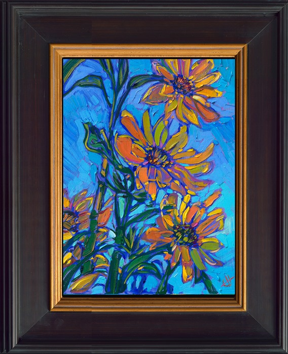 Delicate blooms of sunflowers stretch into a blue summer sky, in this petite oil painting by Erin Hanson. Thick, expressive brush strokes and vibrant color make her paintings stand out in a crowd.</p><p>"Sunflower Blues III" is an original oil painting on linen board. The piece arrives framed in a black and gold "mock floater" frame, ready to hang.