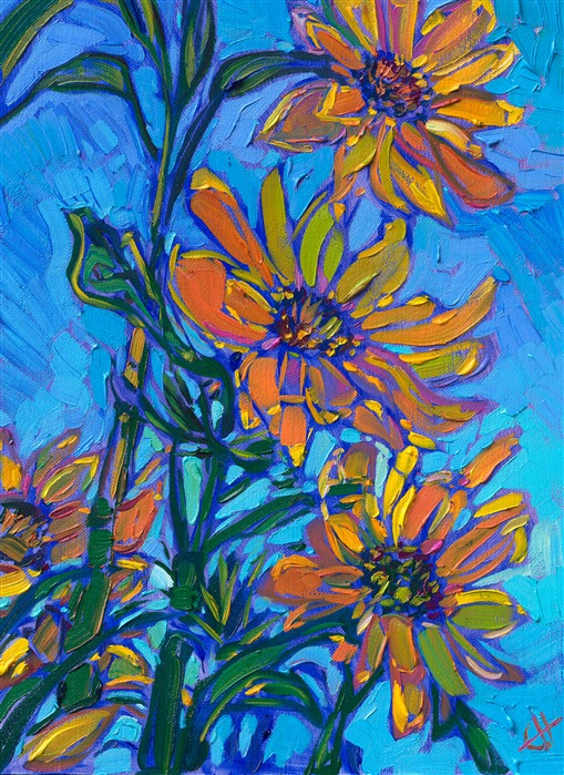 Delicate blooms of sunflowers stretch into a blue summer sky, in this petite oil painting by Erin Hanson. Thick, expressive brush strokes and vibrant color make her paintings stand out in a crowd.</p><p>"Sunflower Blues III" is an original oil painting on linen board. The piece arrives framed in a black and gold "mock floater" frame, ready to hang.