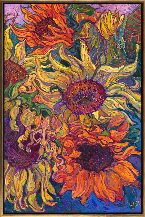 Colorful sunflower petals blend together in patterns of yellow and orange, in this impressionist painting by Erin Hanson. The thickly-applied, impasto brush strokes of oil paint curve through the painting, sculpting the shapes of the petals. The pops of blue and lavender set off the colors of the sunflower blooms.</p><p>"Sunflower Bouquet" is an original oil painting created on stretched canvas. The piece arrives framed in a burnished, 23kt gold leaf floater frame, ready to hang.