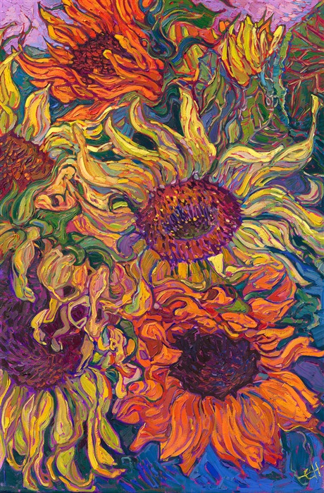 Colorful sunflower petals blend together in patterns of yellow and orange, in this impressionist painting by Erin Hanson. The thickly-applied, impasto brush strokes of oil paint curve through the painting, sculpting the shapes of the petals. The pops of blue and lavender set off the colors of the sunflower blooms.

"Sunflower Bouquet" is an original oil painting created on stretched canvas. The piece arrives framed in a burnished, 23kt gold leaf floater frame, ready to hang.