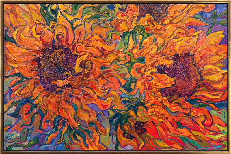 An abstract field of sunflowers is captured in all its late summertime beauty. The long petals seem to dance and merge together in a medley of color and light. The brush strokes are thick and impressionistic, conveying a sense of movement throughout the painting.</p><p>"Sunflower Color" is an original oil painting created on stretched canvas. The piece arrives framed in a contemporary gold floating frame, ready to hang.