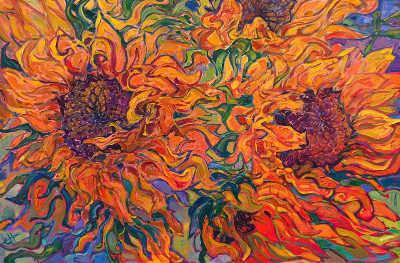 An abstract field of sunflowers is captured in all its late summertime beauty. The long petals seem to dance and merge together in a medley of color and light. The brush strokes are thick and impressionistic, conveying a sense of movement throughout the painting.</p><p>"Sunflower Color" is an original oil painting created on stretched canvas. The piece arrives framed in a contemporary gold floating frame, ready to hang.