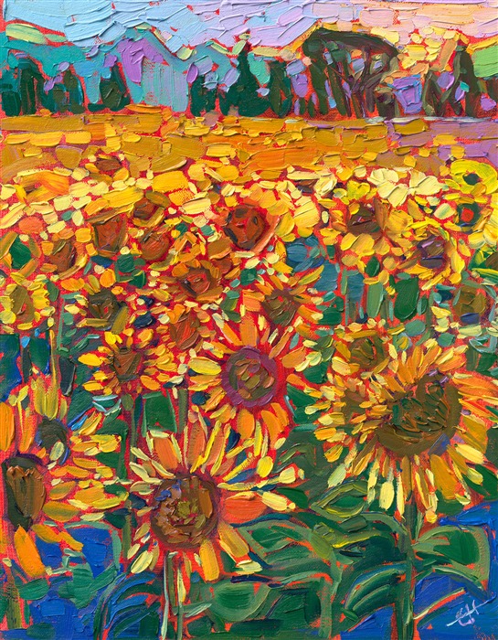 Oregon sunflower fields glow with vivid hues of summer, in this petite oil painting by Erin Hanson. The thick, expressive brush strokes add dimension and texture to the piece.</p><p>"Sunflower Fields" is an original oil painting by Erin Hanson, painted on linen board. The piece arrives framed in a gold plein air frame.